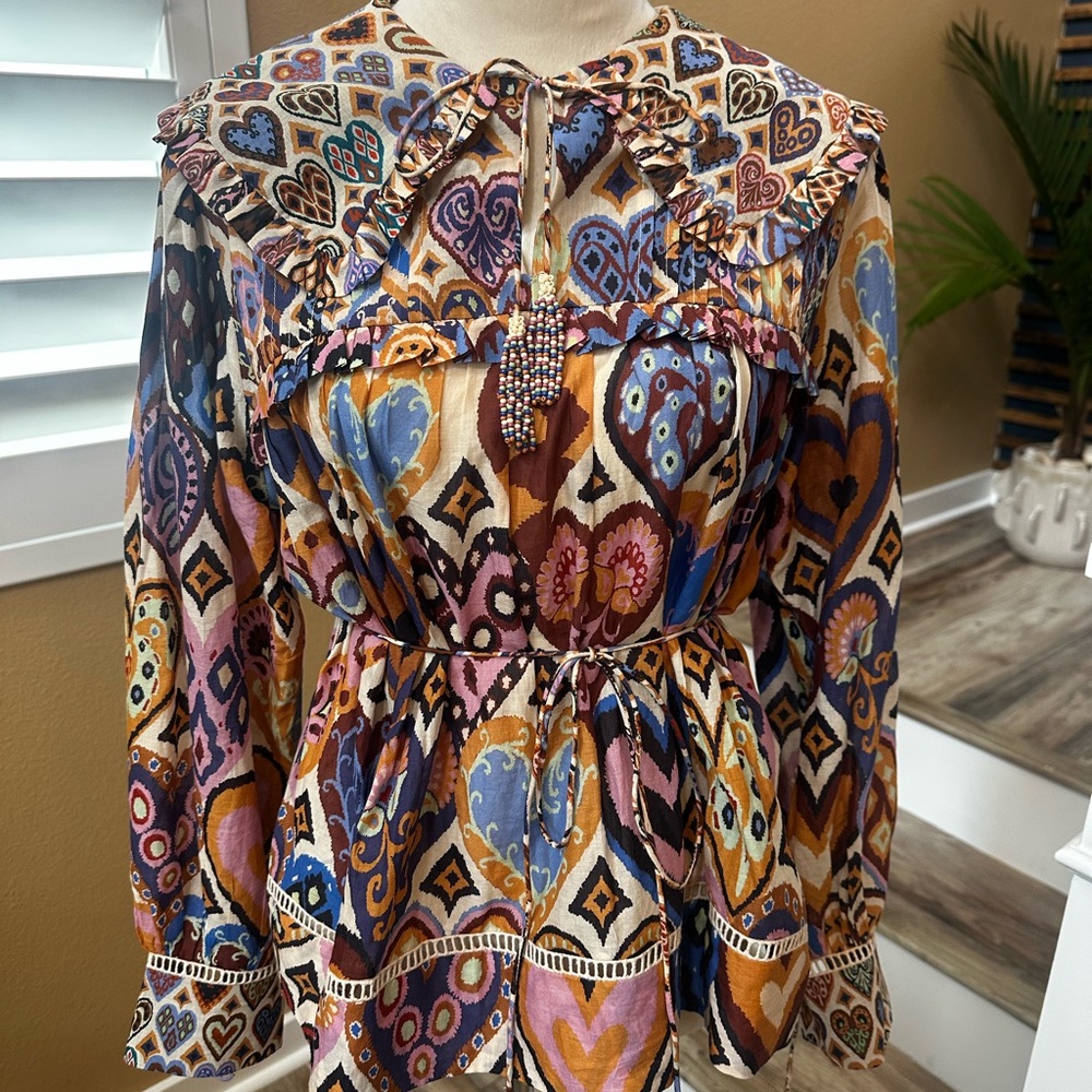 FARM Rio Brown and Blue Graphic Tie Front Blouse
